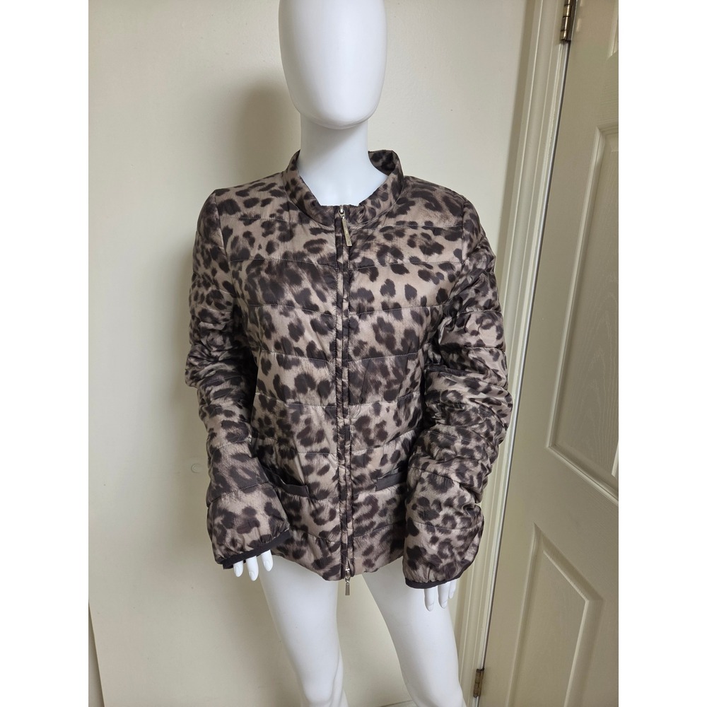 Liu Jo Les Plumes Leopard Print Puffer Jacket Brown Animal Mock Neck Zip Size 48